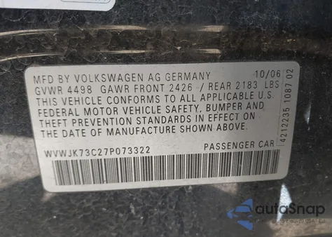 2007 Volkswagen Passat из США, поврежденный, VIN WVWJK73C27P073322